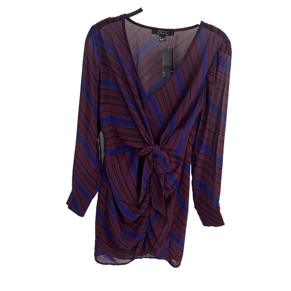 Forever 21 Womens Size S Dress Purple Blue Stripe Long Sleeve Tie Front Sheer